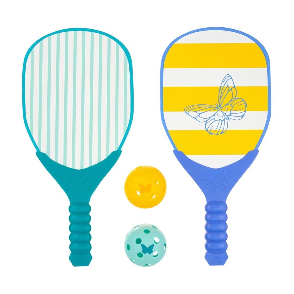 Dolly Parton Paddle Ball Set 2 Wooden Paddles 2 Balls Butterfly Stripe Blue NEW